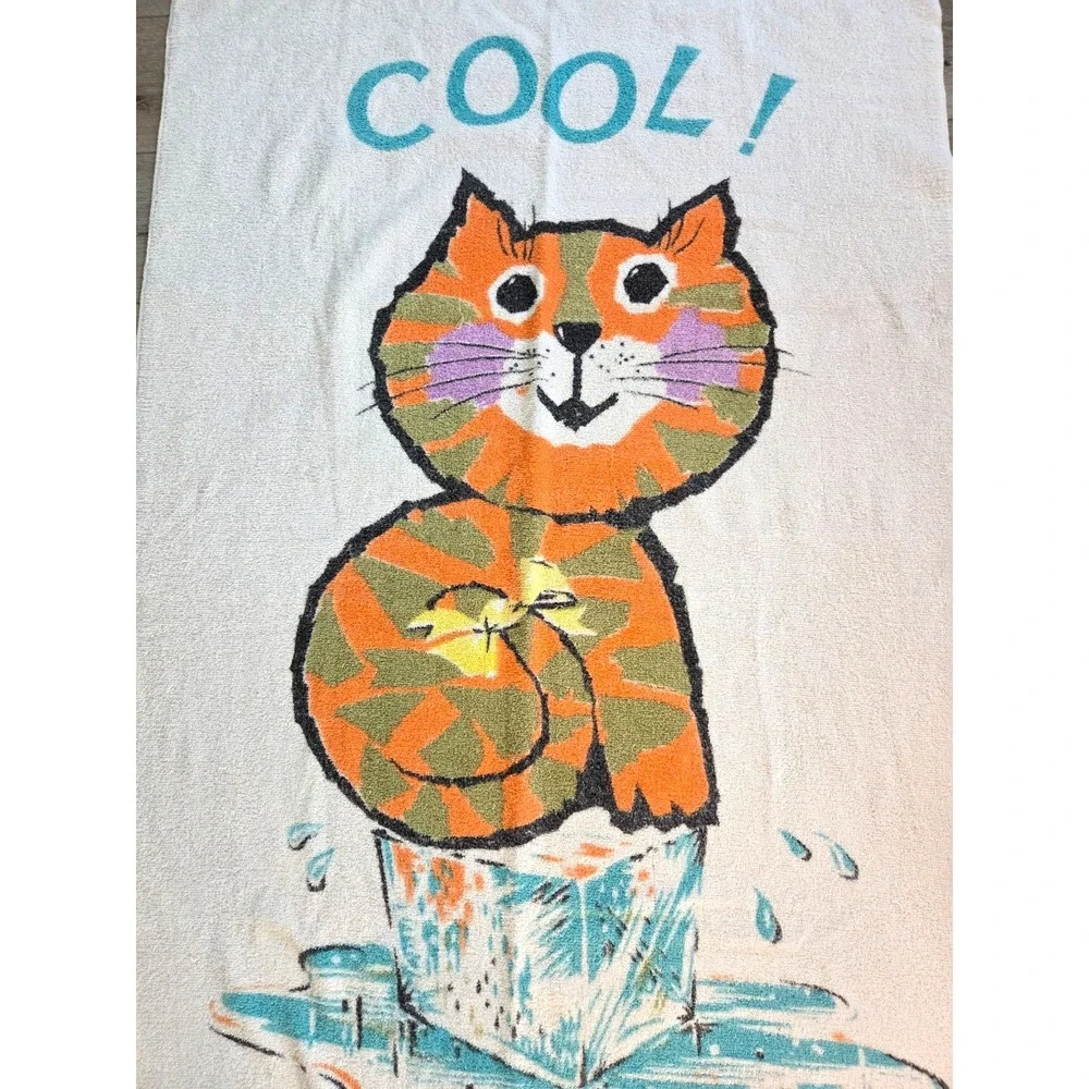 Vintage 60s 70s Cannon Cotton Fringed Beach Towel Cool Cat Orange Kitten